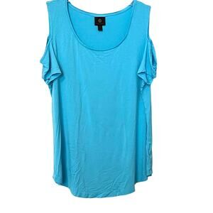 JM COLLECTION CAP SLEEVE COLD SHOULDER TOP, WOMENS, XL, LIGHT BLUE-ROUND HEMLINE